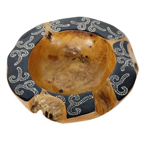 Vintage Natural Polished Teak Root Rustic Bowl Raw Chunky Painted Rim 11.5" - Picture 6 of 14